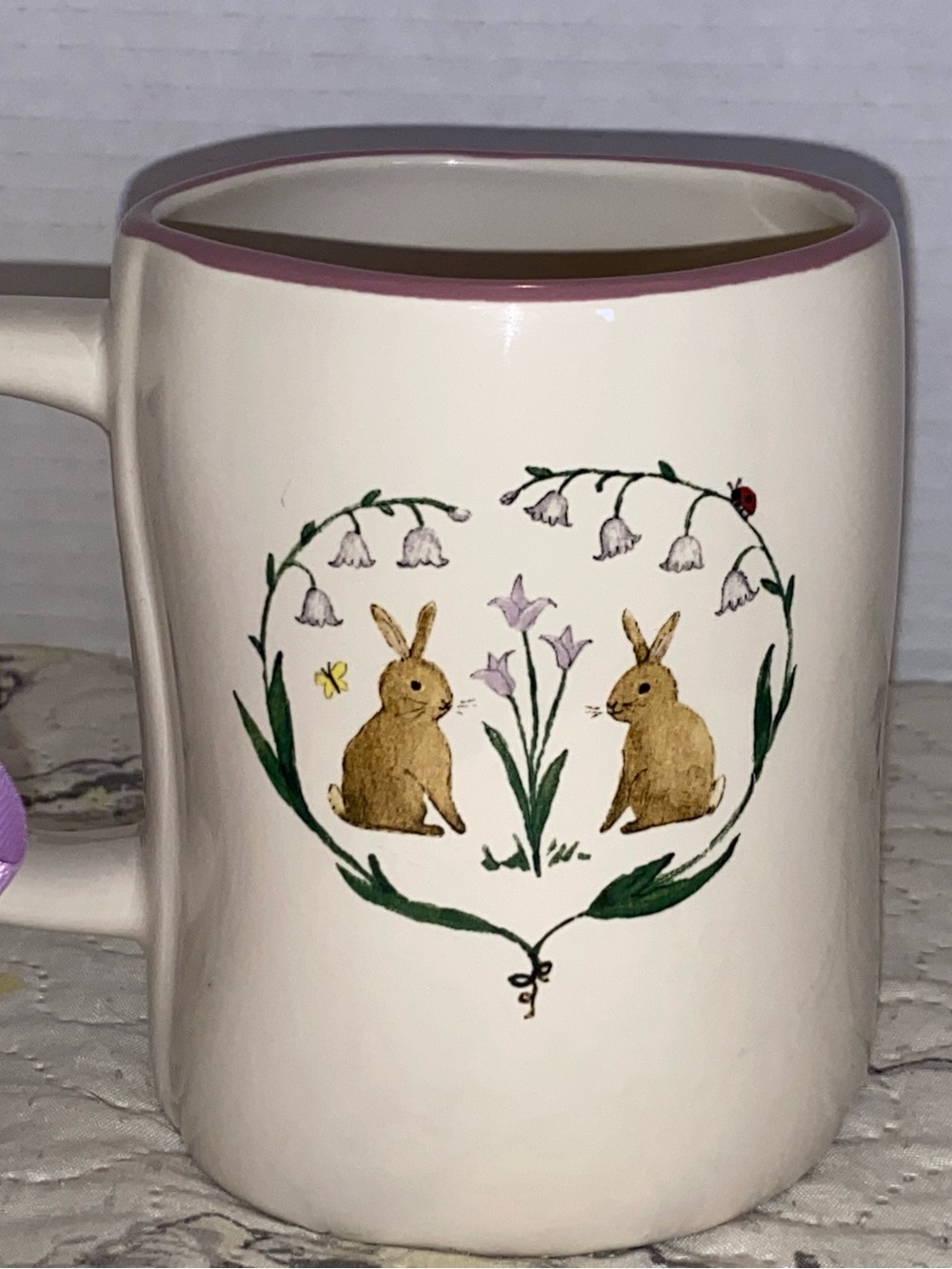 Rae Dunn Cream and Pink Bunny Floral Ceramic Mug
